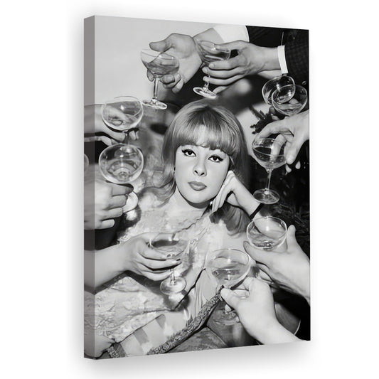 Woman Surrounded by Champagne Canvas Print Wall Art, Black and White Art, Funny Alcohol Art, Feminist, Bar Cart Print