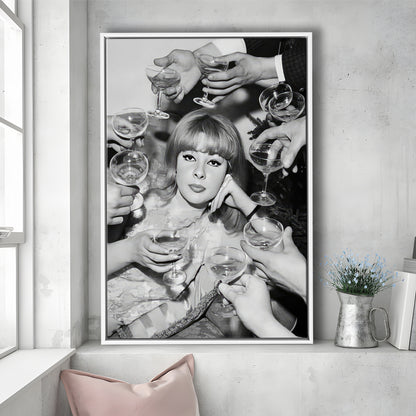 Woman Surrounded by Champagne Framed Canvas Print Wall Art, Black and White Art, Funny Alcohol Art, Bar Cart Print