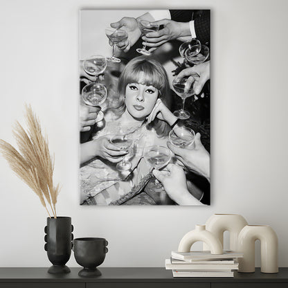 Woman Surrounded by Champagne Canvas Print Wall Art, Black and White Art, Funny Alcohol Art, Feminist, Bar Cart Print