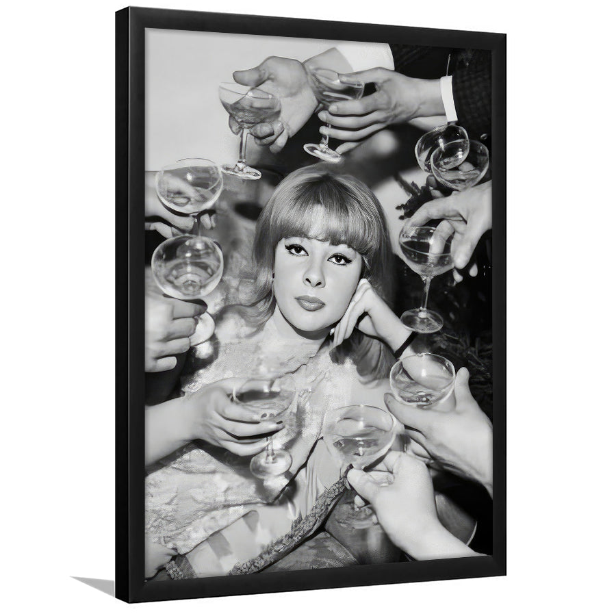 Woman Surrounded by Champagne Framed Art Print Wall Decor, Black and White Art, Funny Alcohol Art, Bar Cart Print
