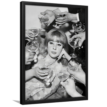 Woman Surrounded by Champagne Framed Art Print Wall Decor, Black and White Art, Funny Alcohol Art, Bar Cart Print