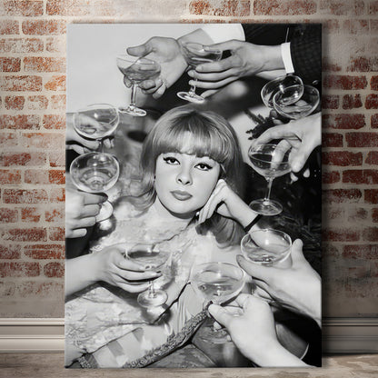 Woman Surrounded by Champagne Canvas Print Wall Art, Black and White Art, Funny Alcohol Art, Feminist, Bar Cart Print