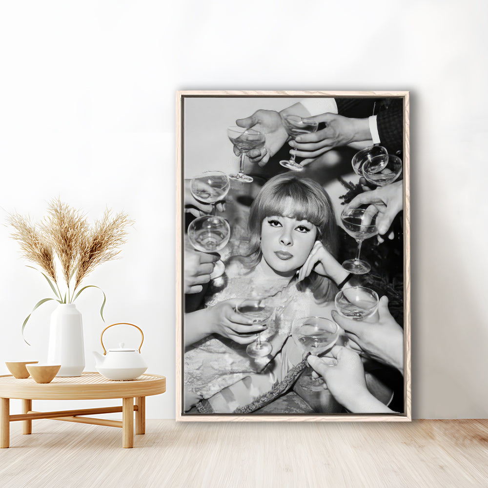 Woman Surrounded by Champagne Framed Canvas Print Wall Art, Black and White Art, Funny Alcohol Art, Bar Cart Print