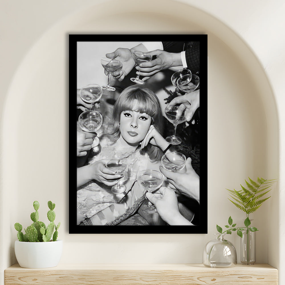 Woman Surrounded by Champagne Framed Art Print Wall Decor, Black and White Art, Funny Alcohol Art, Bar Cart Print