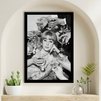 Woman Surrounded by Champagne Framed Art Print Wall Decor, Black and White Art, Funny Alcohol Art, Bar Cart Print