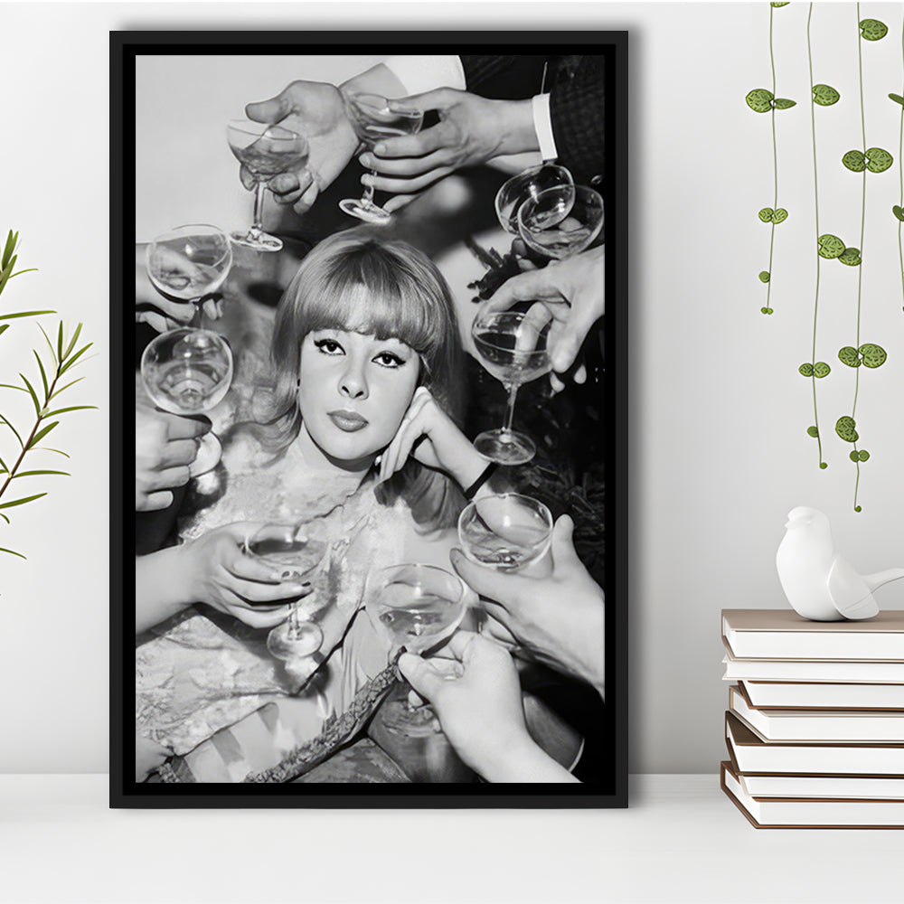 Woman Surrounded by Champagne Framed Canvas Print Wall Art, Black and White Art, Funny Alcohol Art, Bar Cart Print