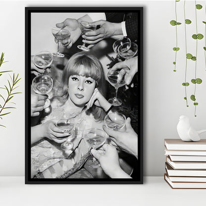 Woman Surrounded by Champagne Framed Canvas Print Wall Art, Black and White Art, Funny Alcohol Art, Bar Cart Print