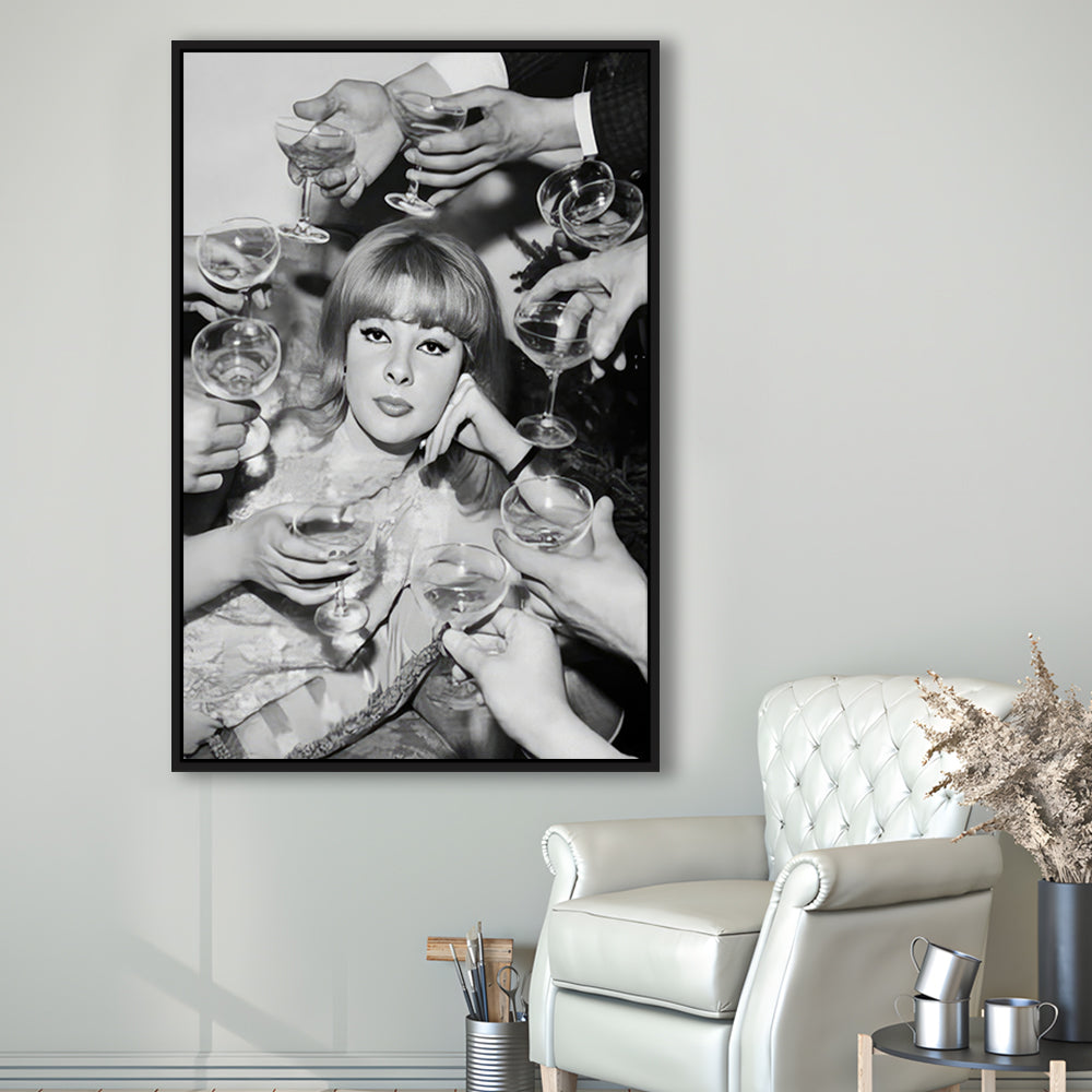 Woman Surrounded by Champagne Framed Canvas Print Wall Art, Black and White Art, Funny Alcohol Art, Bar Cart Print
