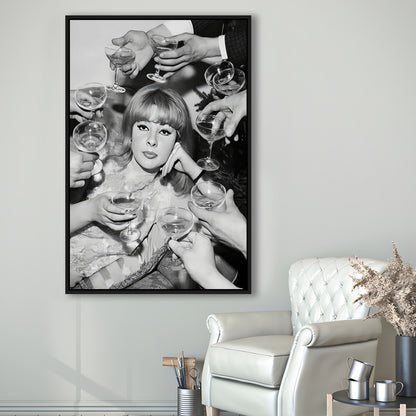 Woman Surrounded by Champagne Framed Canvas Print Wall Art, Black and White Art, Funny Alcohol Art, Bar Cart Print