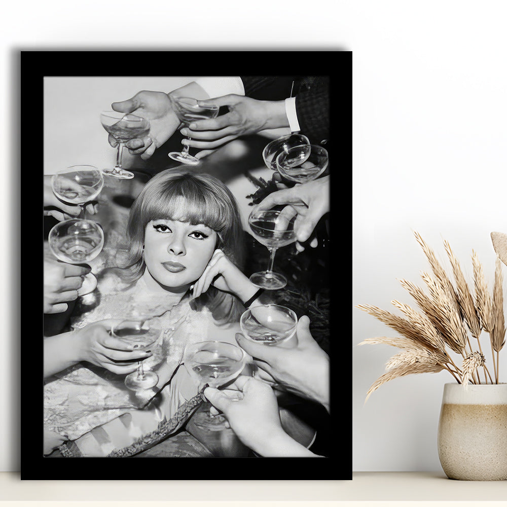 Woman Surrounded by Champagne Framed Art Print Wall Decor, Black and White Art, Funny Alcohol Art, Bar Cart Print