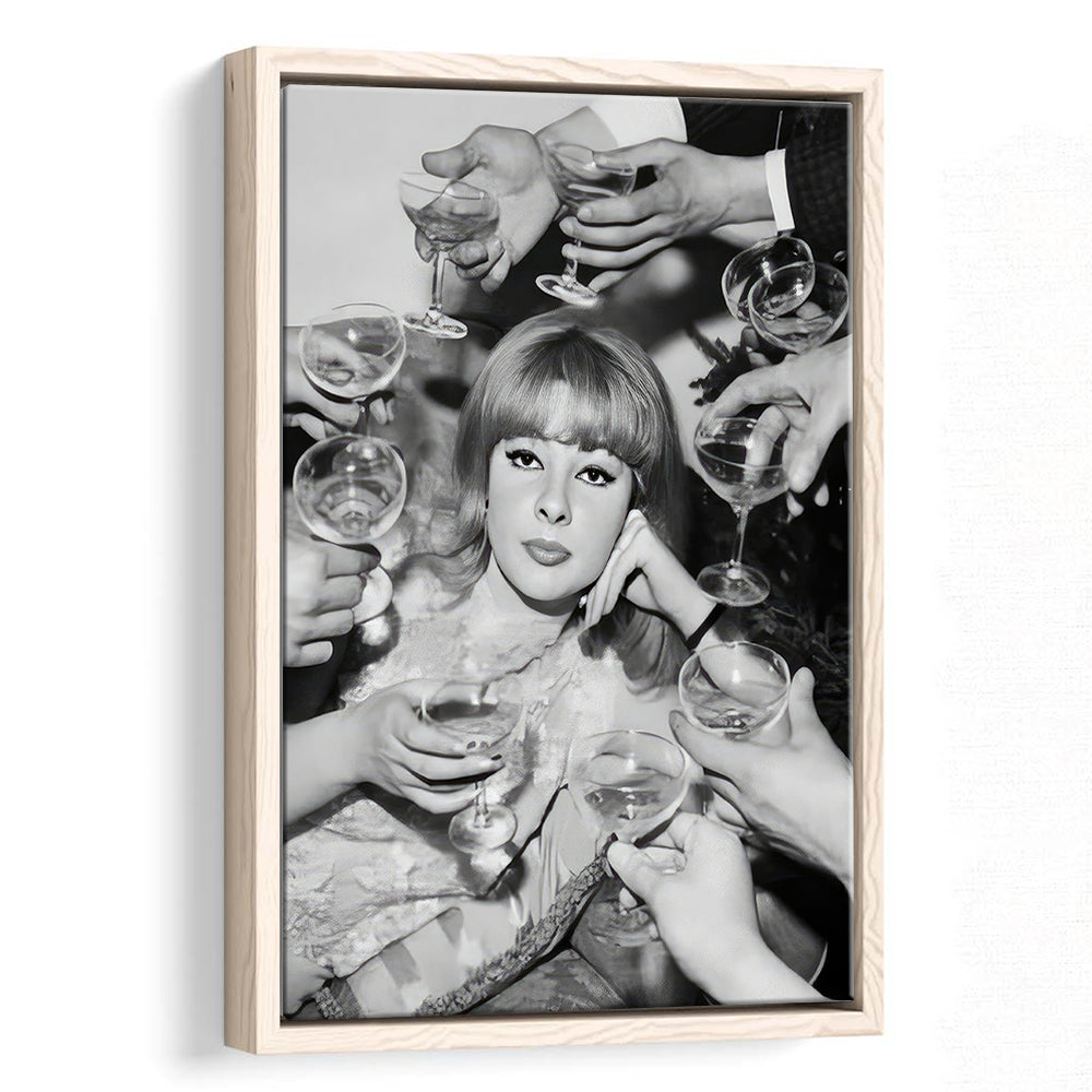 Woman Surrounded by Champagne Framed Canvas Print Wall Art, Black and White Art, Funny Alcohol Art, Bar Cart Print