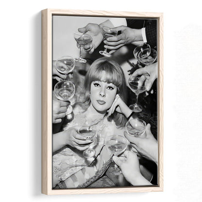Woman Surrounded by Champagne Framed Canvas Print Wall Art, Black and White Art, Funny Alcohol Art, Bar Cart Print