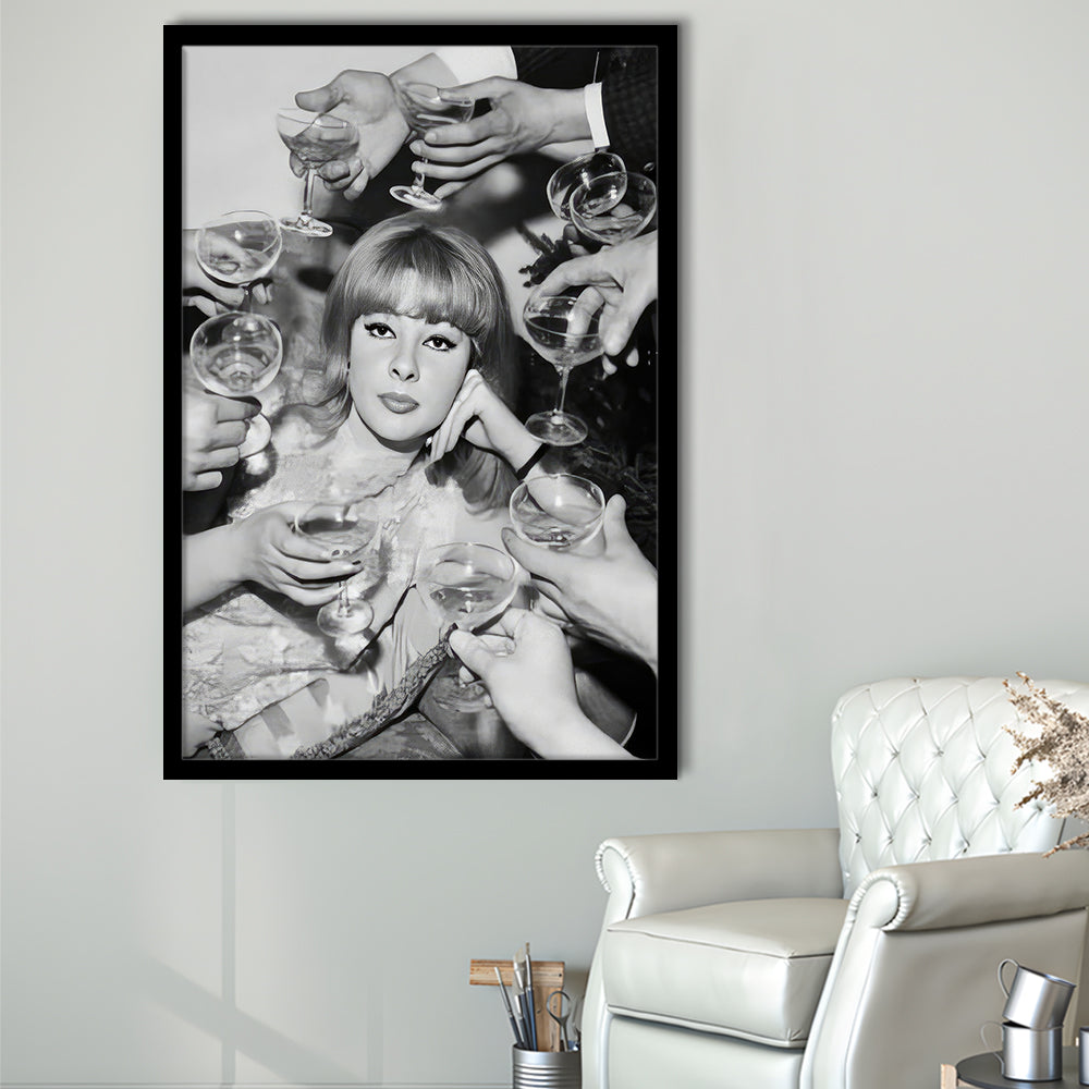Woman Surrounded by Champagne Framed Art Print Wall Decor, Black and White Art, Funny Alcohol Art, Bar Cart Print