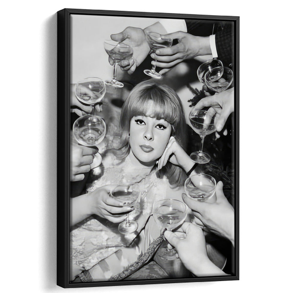 Woman Surrounded by Champagne Framed Canvas Print Wall Art, Black and White Art, Funny Alcohol Art, Bar Cart Print