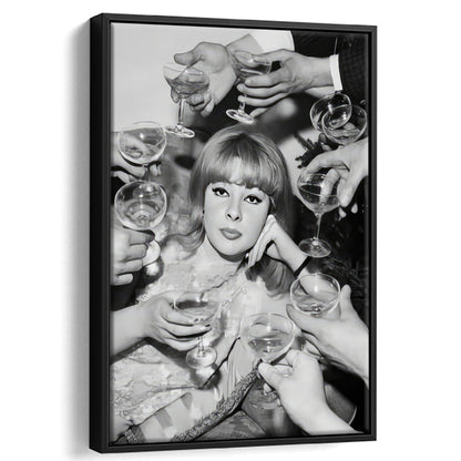 Woman Surrounded by Champagne Framed Canvas Print Wall Art, Black and White Art, Funny Alcohol Art, Bar Cart Print