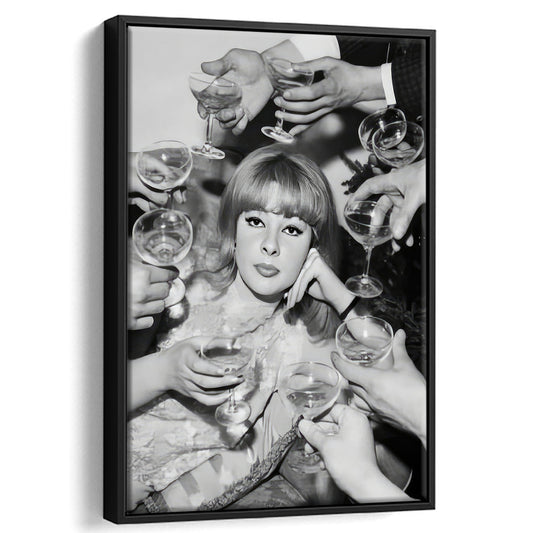 Woman Surrounded by Champagne Framed Canvas Print Wall Art, Black and White Art, Funny Alcohol Art, Bar Cart Print