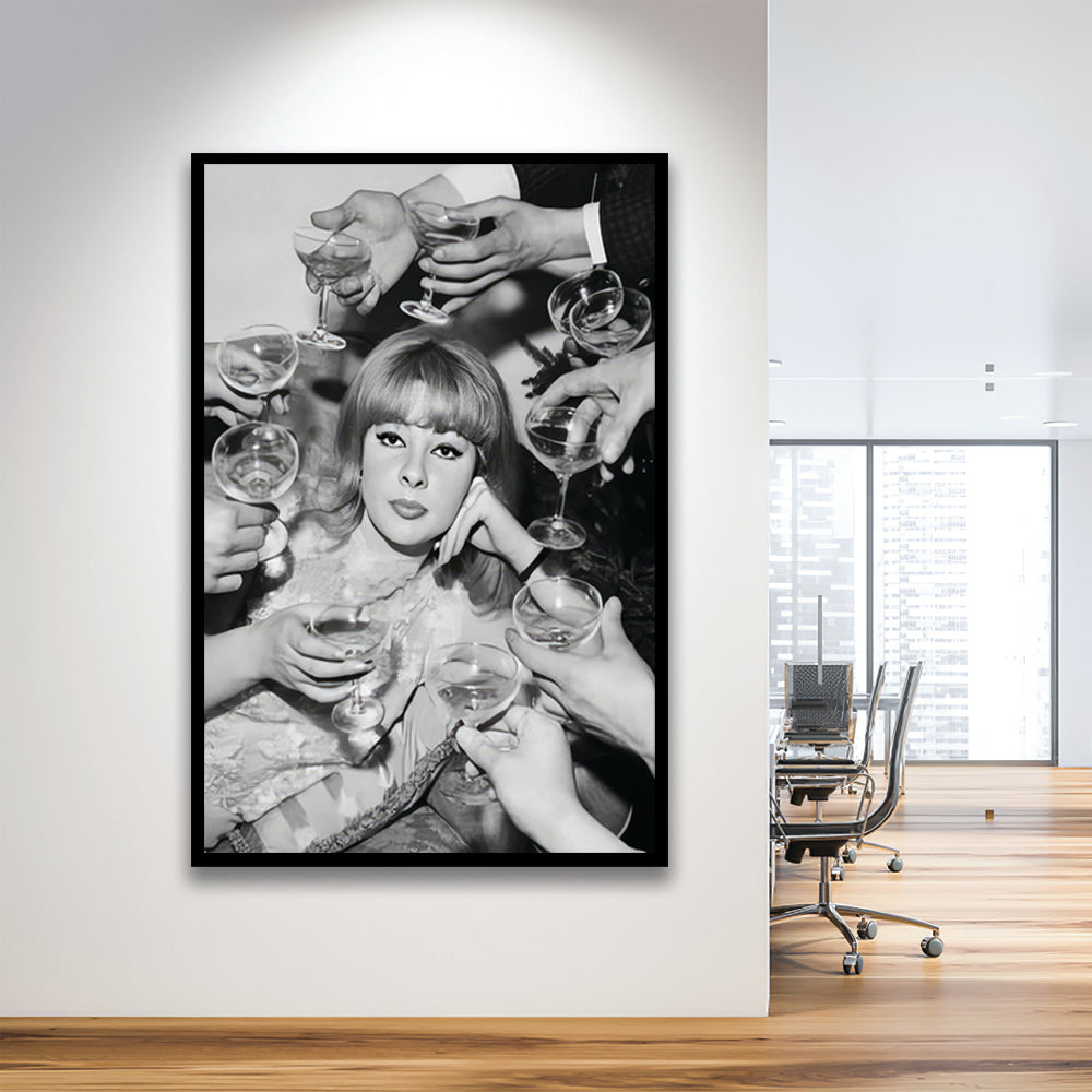 Woman Surrounded by Champagne Framed Art Print Wall Decor, Black and White Art, Funny Alcohol Art, Bar Cart Print