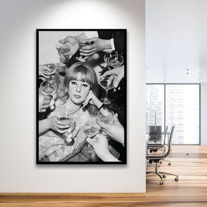 Woman Surrounded by Champagne Framed Art Print Wall Decor, Black and White Art, Funny Alcohol Art, Bar Cart Print