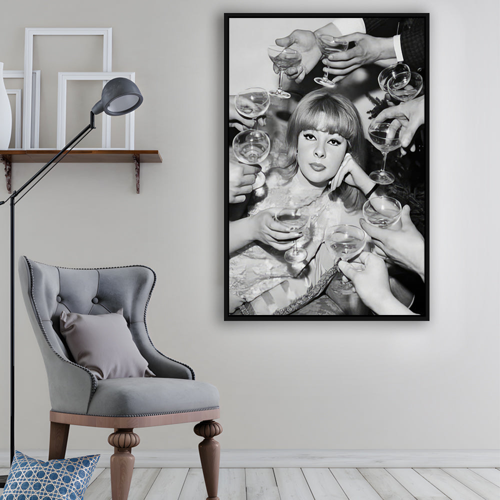 Woman Surrounded by Champagne Framed Canvas Print Wall Art, Black and White Art, Funny Alcohol Art, Bar Cart Print