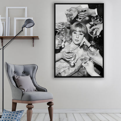 Woman Surrounded by Champagne Framed Canvas Print Wall Art, Black and White Art, Funny Alcohol Art, Bar Cart Print