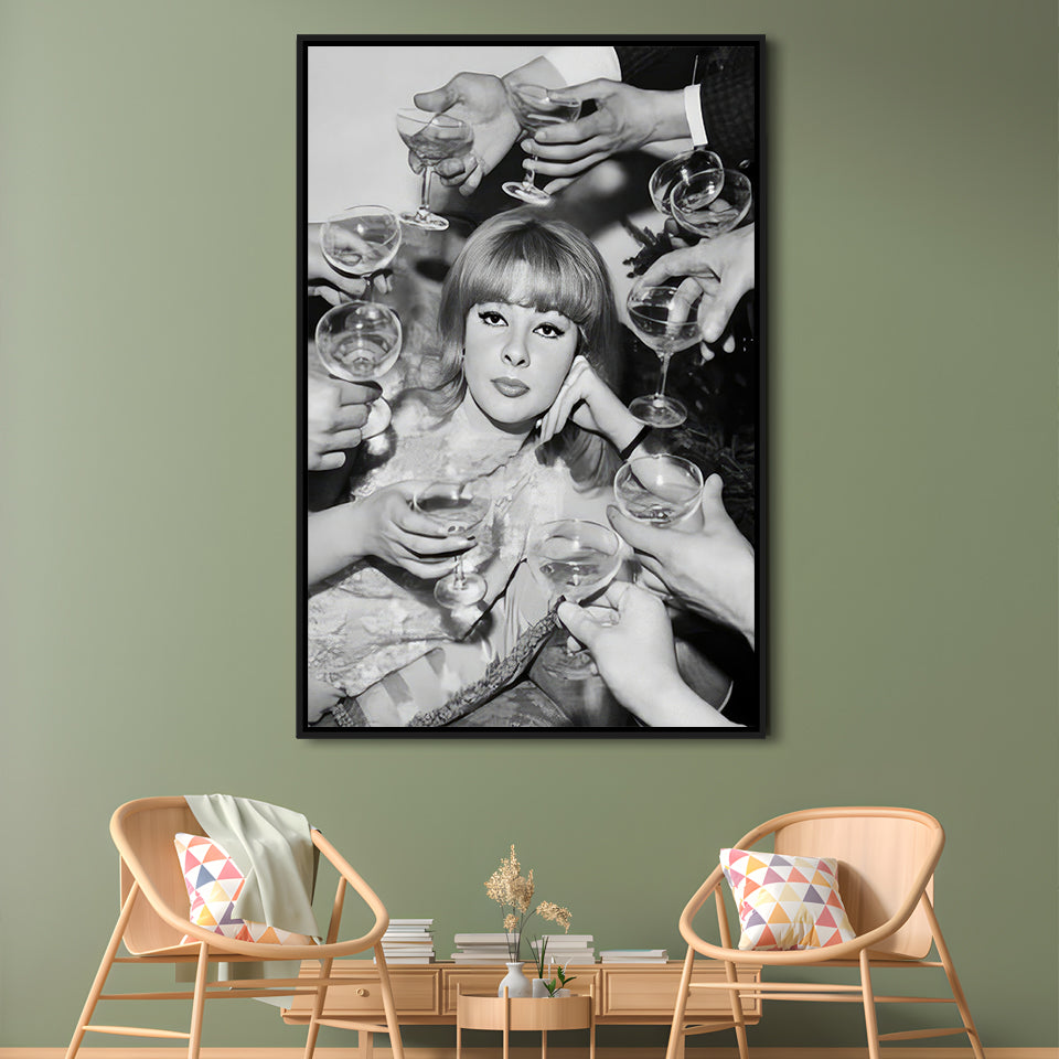 Woman Surrounded by Champagne Framed Canvas Print Wall Art, Black and White Art, Funny Alcohol Art, Bar Cart Print