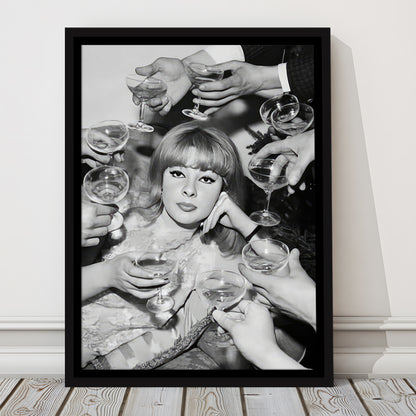 Woman Surrounded by Champagne Framed Canvas Print Wall Art, Black and White Art, Funny Alcohol Art, Bar Cart Print