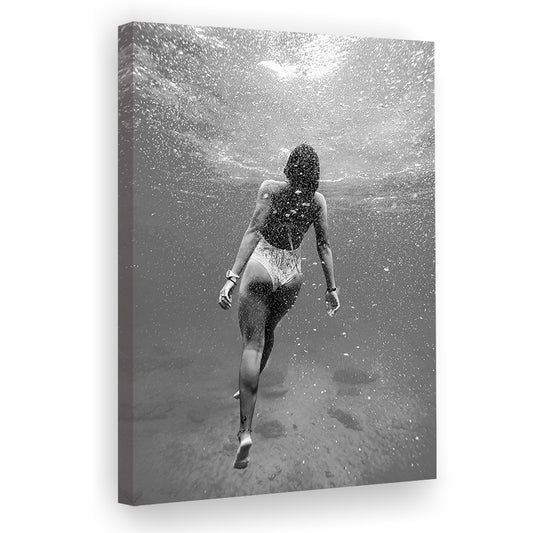 Woman Swimming Underwater Canvas Print Wall Art, Ocean Canvas Print Wall Art, Black and White, Ocean, Retro Wall Decor