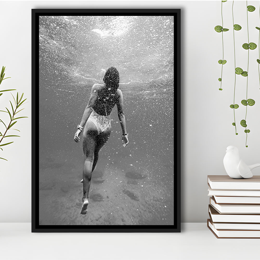 Woman Swimming Underwater Framed Canvas Print Wall Art, Ocean Framed Canvas Print Wall Art, Black and White, Ocean