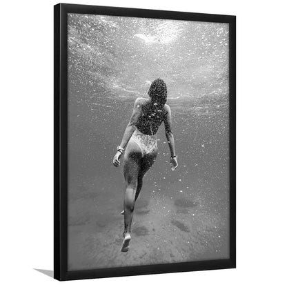 Woman Swimming Underwater Framed Art Print Wall Decor, Ocean Framed Art Print Wall Decor, Black and White, Ocean