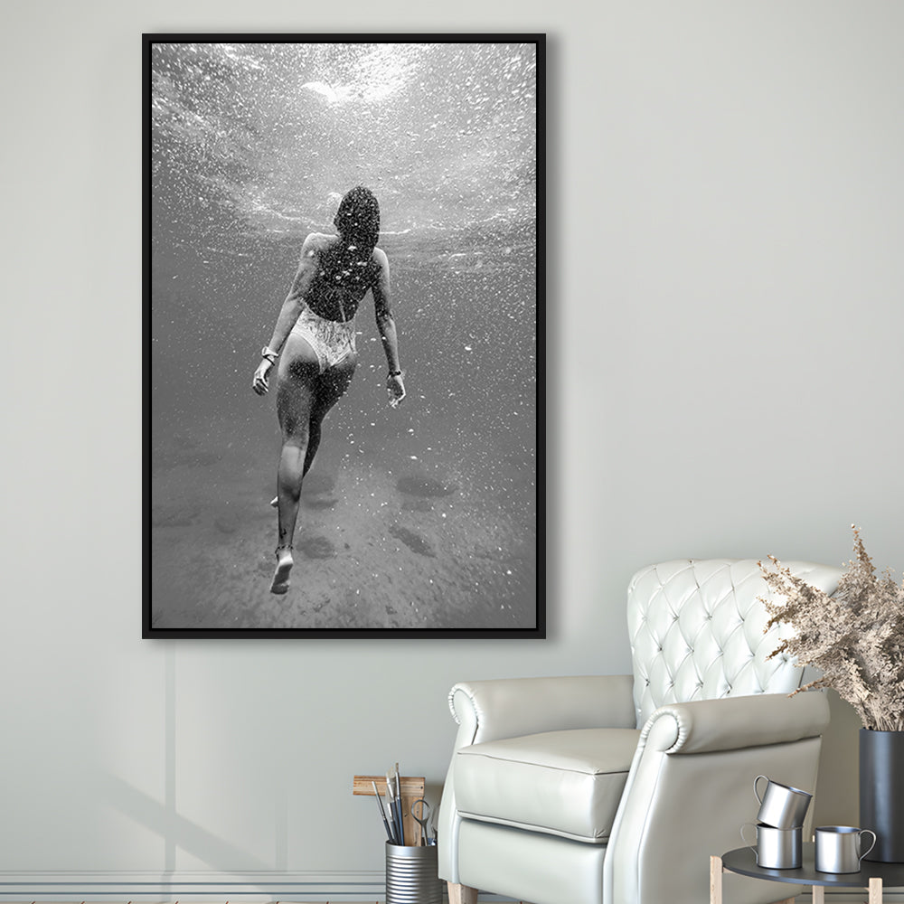 Woman Swimming Underwater Framed Canvas Print Wall Art, Ocean Framed Canvas Print Wall Art, Black and White, Ocean