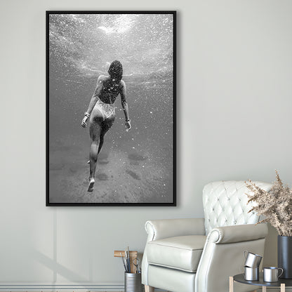 Woman Swimming Underwater Framed Canvas Print Wall Art, Ocean Framed Canvas Print Wall Art, Black and White, Ocean
