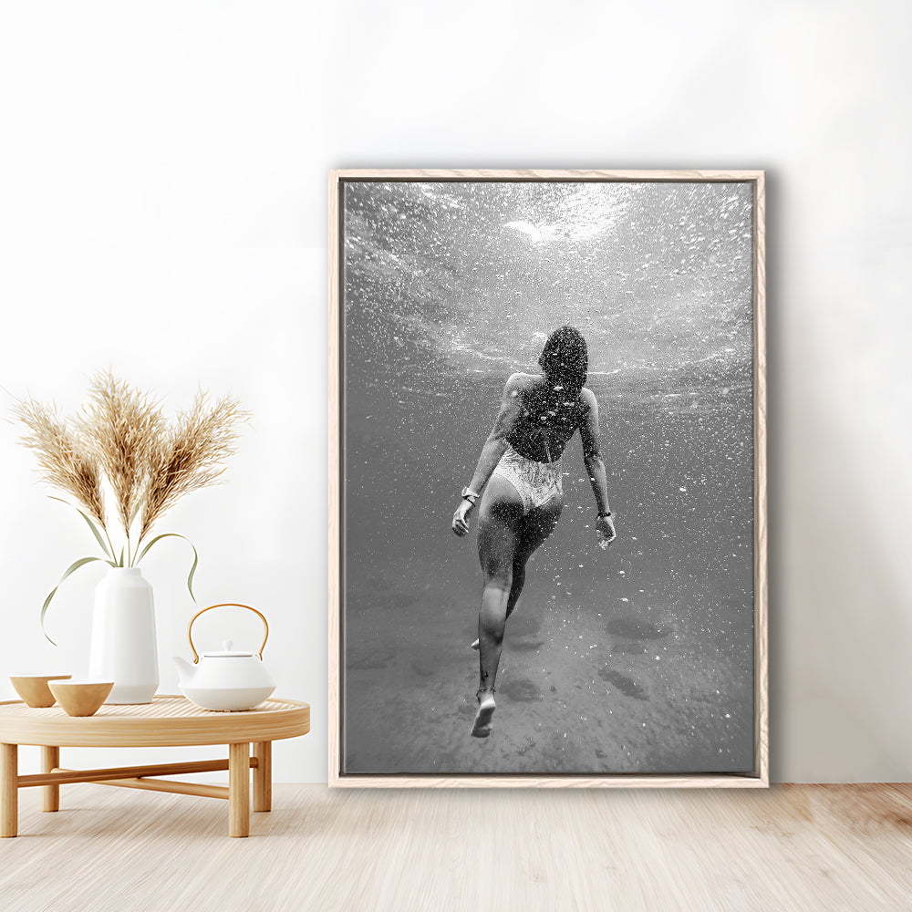 Woman Swimming Underwater Framed Canvas Print Wall Art, Ocean Framed Canvas Print Wall Art, Black and White, Ocean