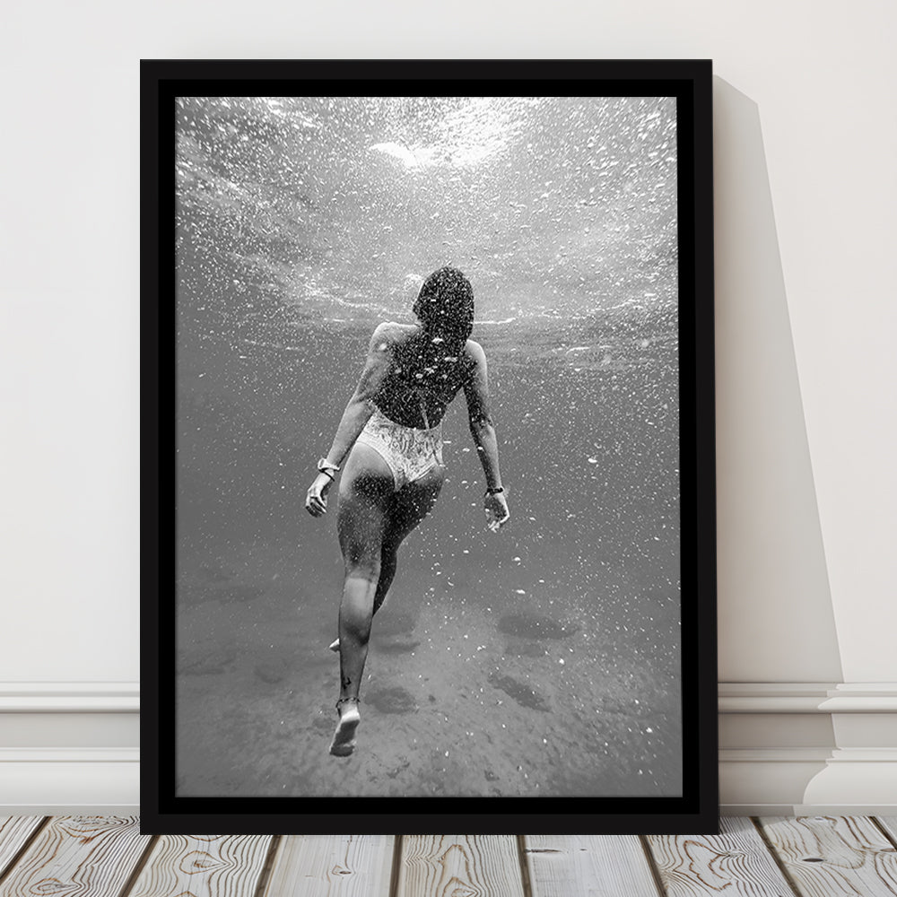 Woman Swimming Underwater Framed Canvas Print Wall Art, Ocean Framed Canvas Print Wall Art, Black and White, Ocean