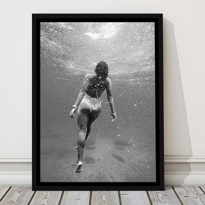 Woman Swimming Underwater Framed Canvas Print Wall Art, Ocean Framed Canvas Print Wall Art, Black and White, Ocean