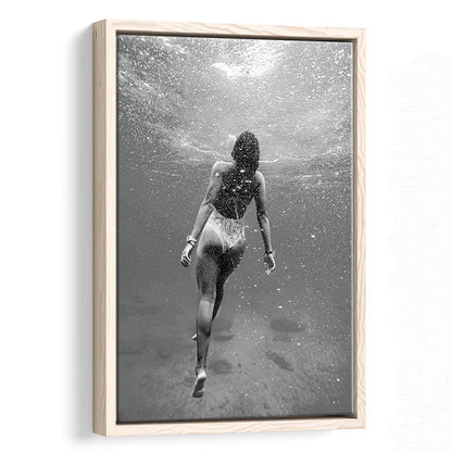 Woman Swimming Underwater Framed Canvas Print Wall Art, Ocean Framed Canvas Print Wall Art, Black and White, Ocean