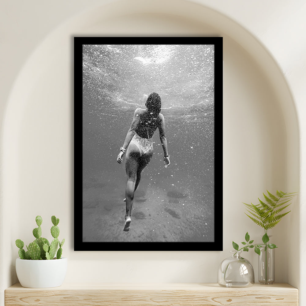 Woman Swimming Underwater Framed Art Print Wall Decor, Ocean Framed Art Print Wall Decor, Black and White, Ocean