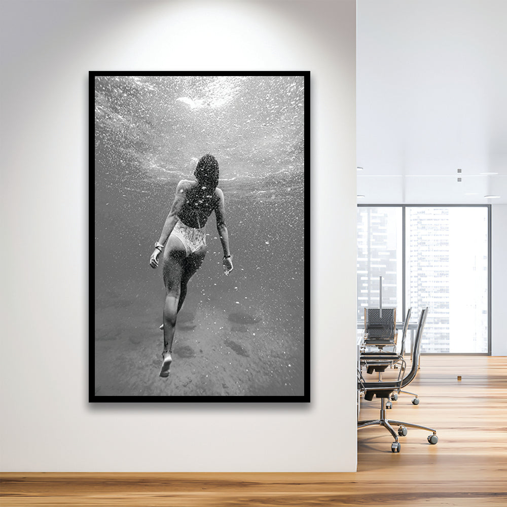 Woman Swimming Underwater Framed Art Print Wall Decor, Ocean Framed Art Print Wall Decor, Black and White, Ocean