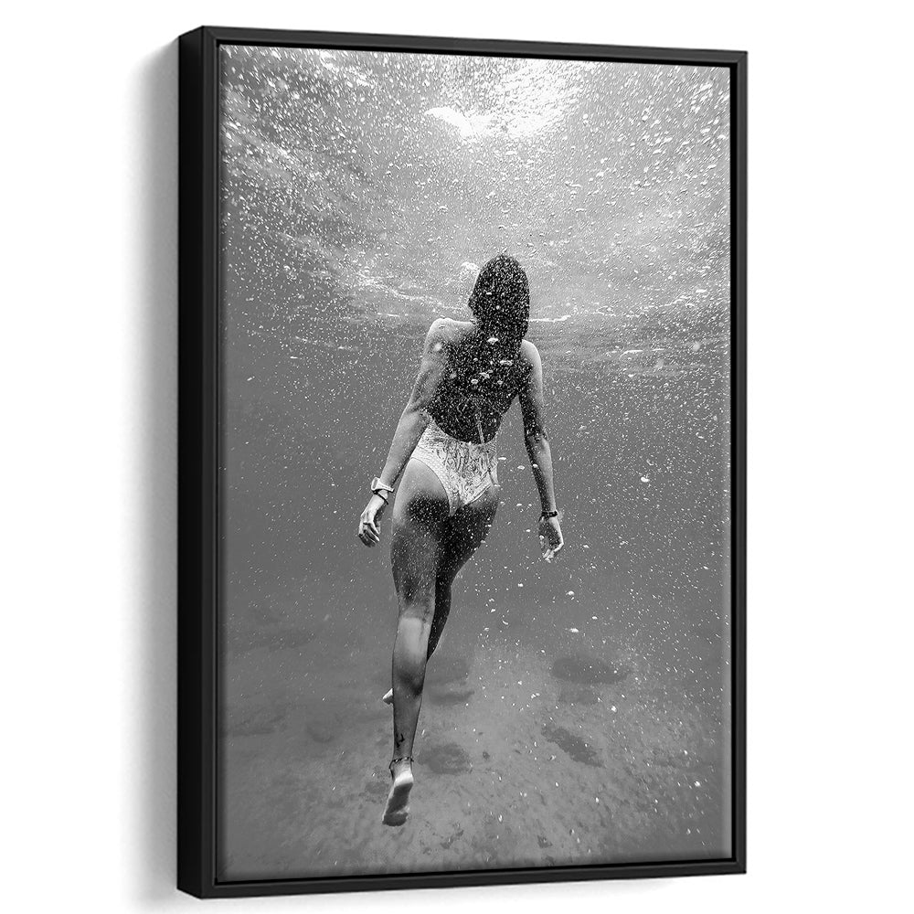 Woman Swimming Underwater Framed Canvas Print Wall Art, Ocean Framed Canvas Print Wall Art, Black and White, Ocean