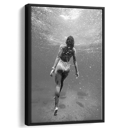 Woman Swimming Underwater Framed Canvas Print Wall Art, Ocean Framed Canvas Print Wall Art, Black and White, Ocean