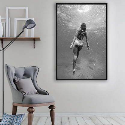 Woman Swimming Underwater Framed Canvas Print Wall Art, Ocean Framed Canvas Print Wall Art, Black and White, Ocean