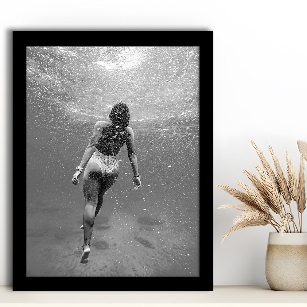 Woman Swimming Underwater Framed Art Print Wall Decor, Ocean Framed Art Print Wall Decor, Black and White, Ocean