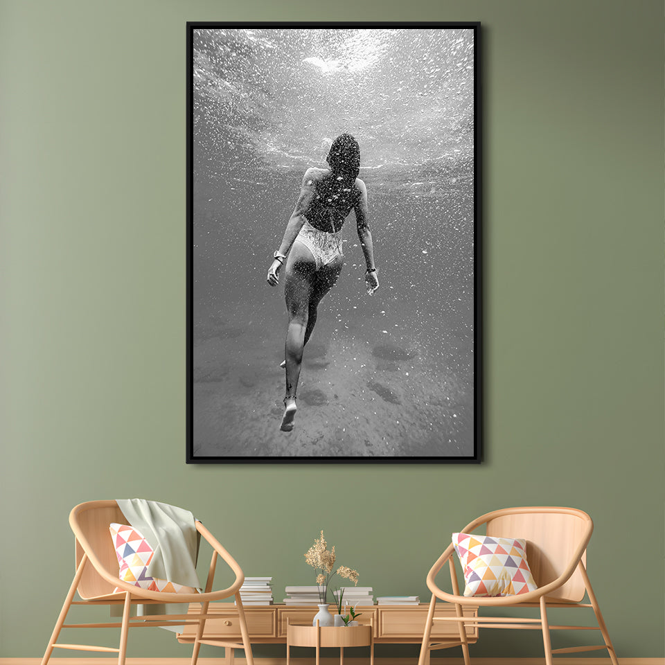 Woman Swimming Underwater Framed Canvas Print Wall Art, Ocean Framed Canvas Print Wall Art, Black and White, Ocean