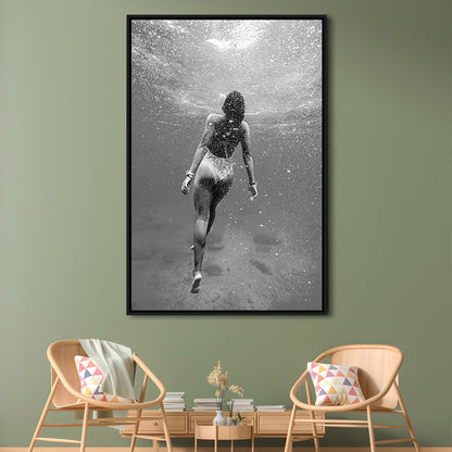 Woman Swimming Underwater Framed Canvas Print Wall Art, Ocean Framed Canvas Print Wall Art, Black and White, Ocean