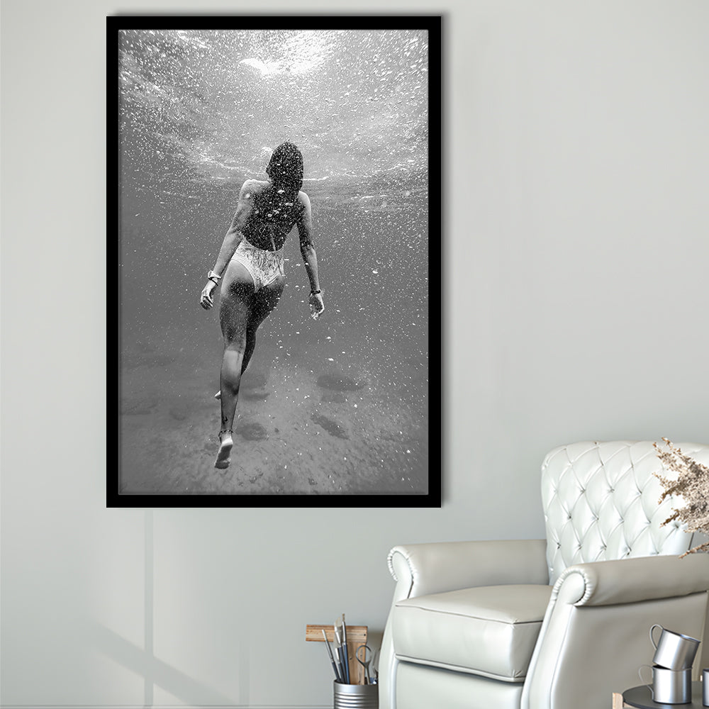 Woman Swimming Underwater Framed Art Print Wall Decor, Ocean Framed Art Print Wall Decor, Black and White, Ocean