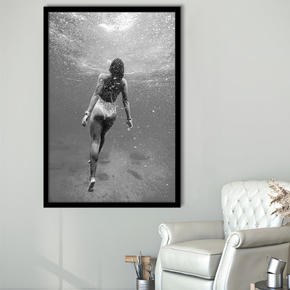 Woman Swimming Underwater Framed Art Print Wall Decor, Ocean Framed Art Print Wall Decor, Black and White, Ocean
