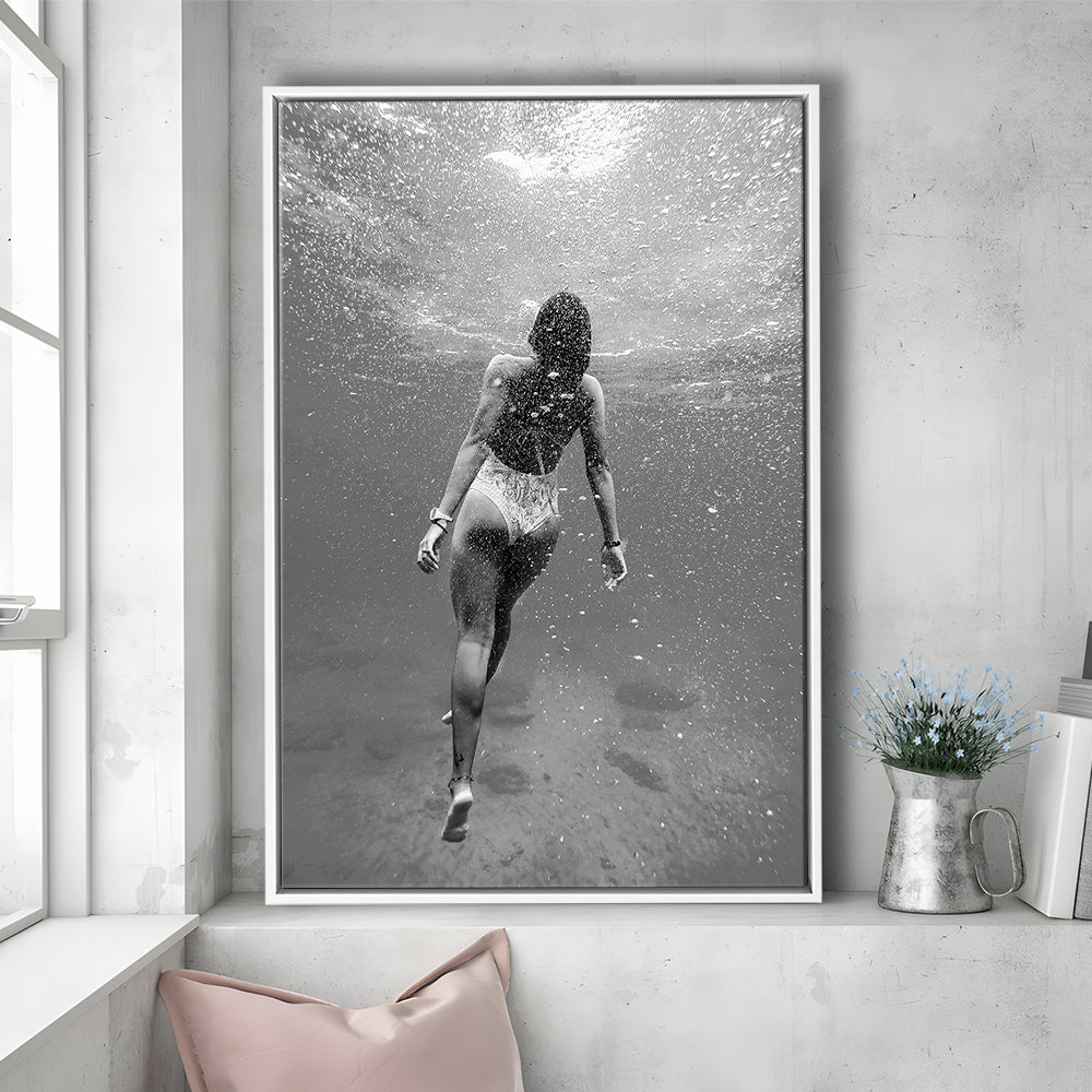 Woman Swimming Underwater Framed Canvas Print Wall Art, Ocean Framed Canvas Print Wall Art, Black and White, Ocean