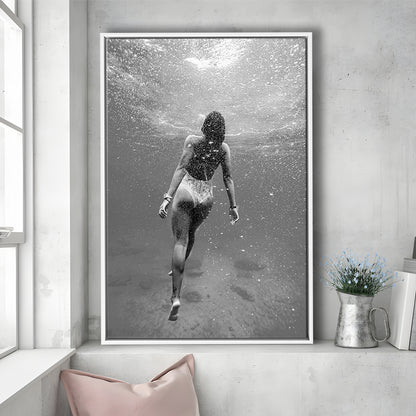Woman Swimming Underwater Framed Canvas Print Wall Art, Ocean Framed Canvas Print Wall Art, Black and White, Ocean
