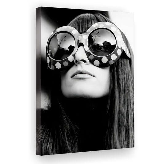 Woman Wearing Chic Sunglasses Canvas Print Wall Art, Black and White, Vintage Fashion Photo, Fashion Wall Decor