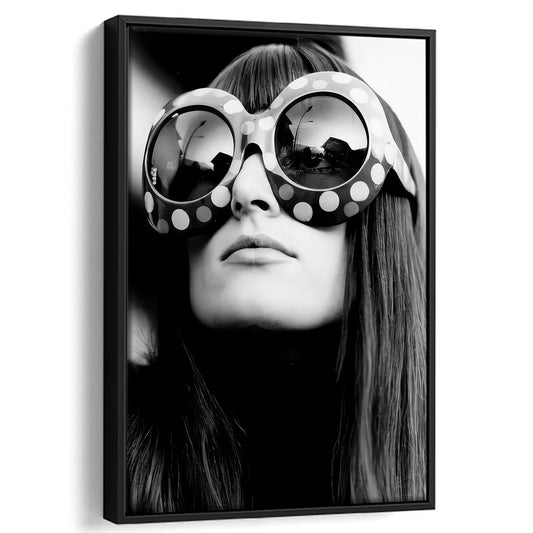 Woman Wearing Chic Sunglasses Framed Canvas Print Wall Art, Black and White, Vintage Fashion Photo, Fashion Wall Decor