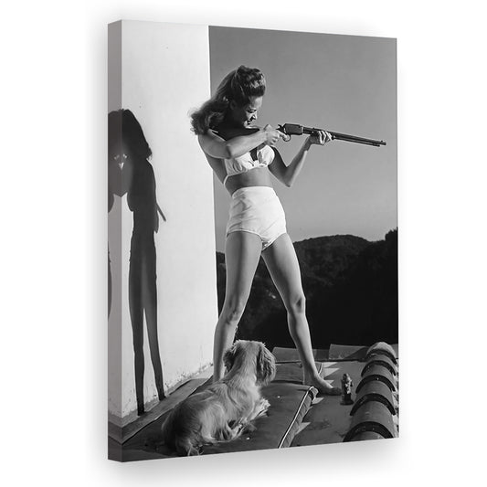 Woman With Dog Aims Rifle Canvas Print Wall Art, Black and White, Vintage Art, Funny Retro Wall Decor